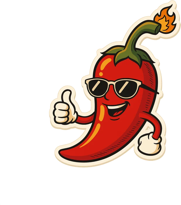 Cartoon chilli pepper in sunglasses giving a thumbs up, its stem lit like a fuse