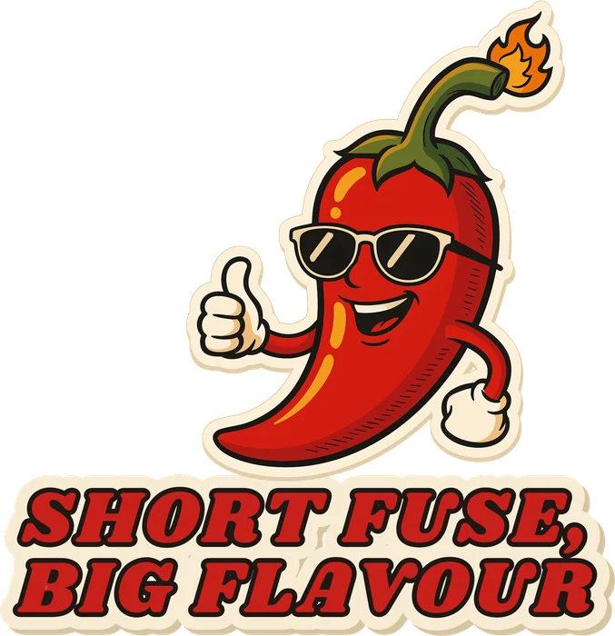 Chilli design with the slogan Short Fuse, Big Flavour